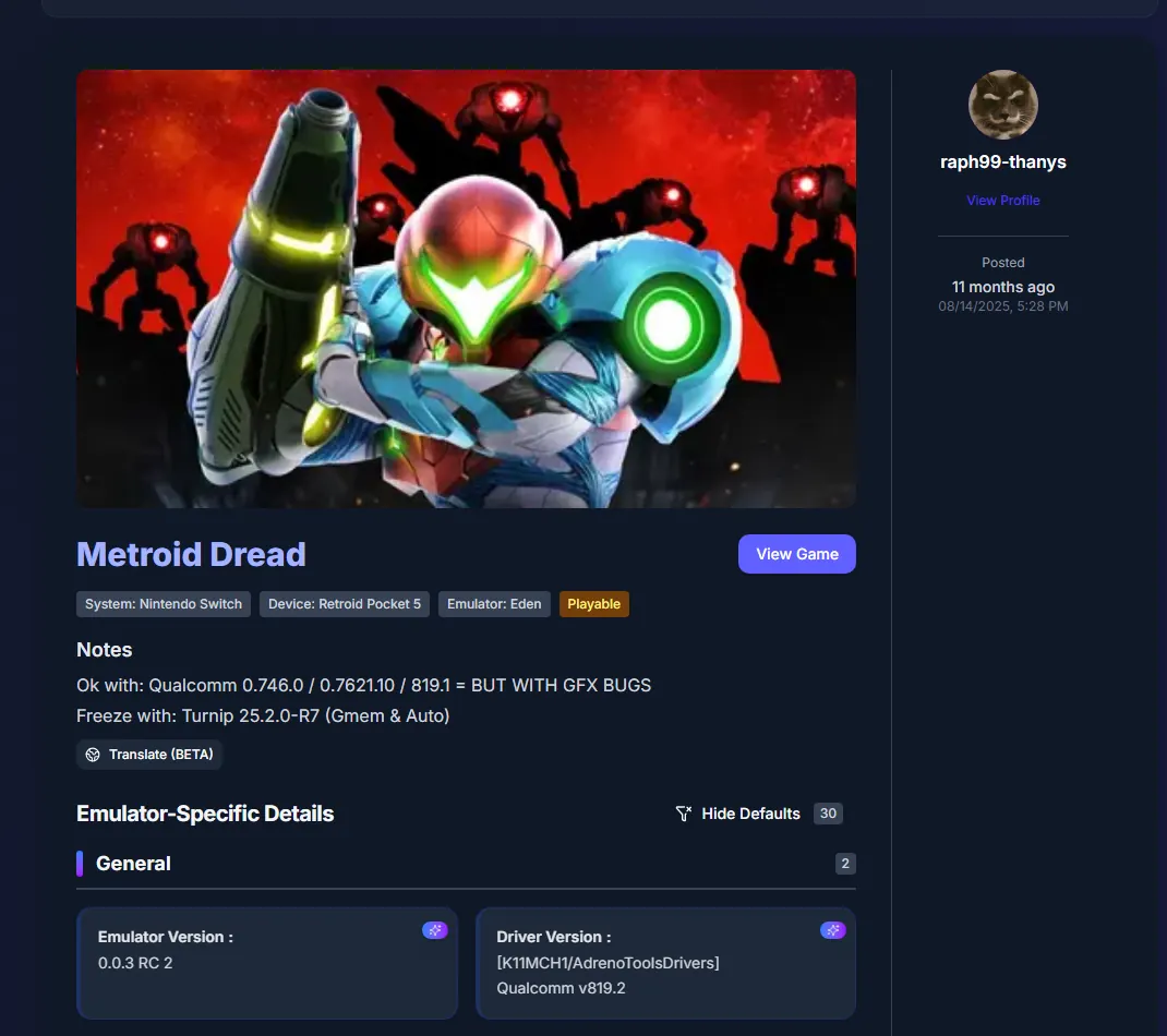 Community EmuReady report showing Metroid Dread as playable on one Eden Android setup