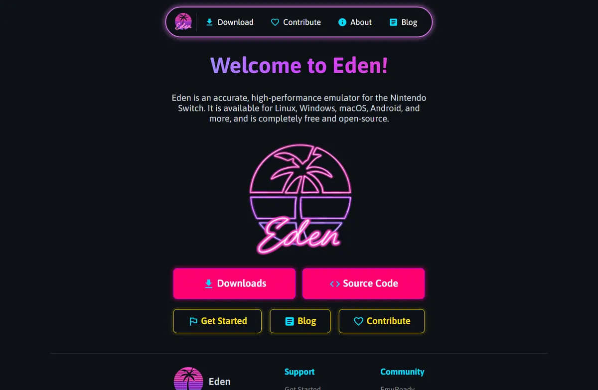 Official Eden emulator website showing platform and community links