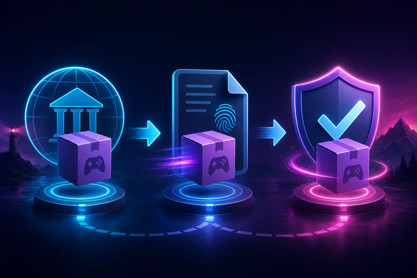 Concept illustration showing an emulator download moving through source, file and security verification stages