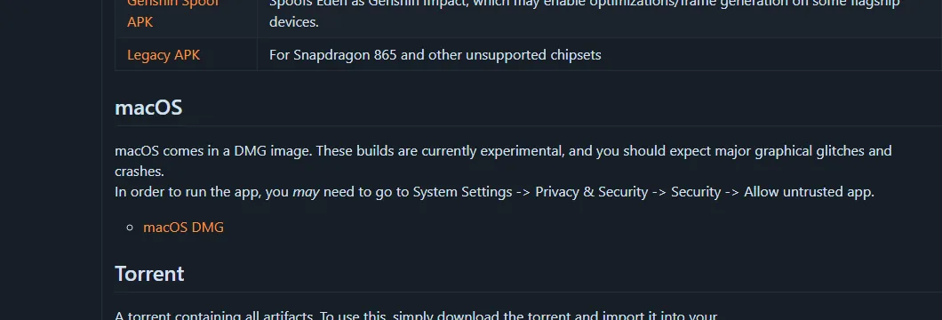 Official Eden v0.2.1 release notes describing the macOS DMG as experimental
